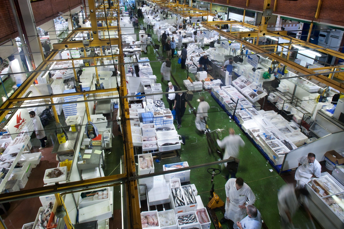 Fish traders working the floor of Billingsgate Market, London.