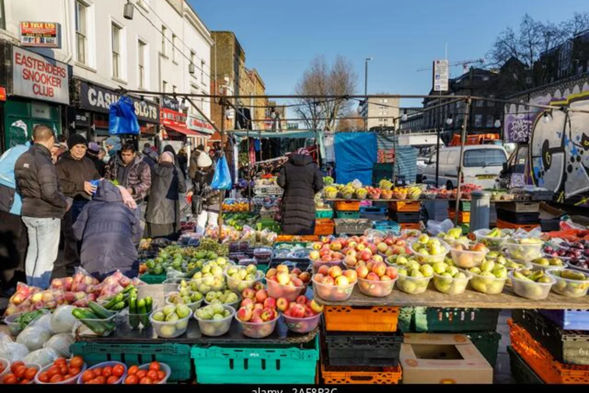 Fresh vegetables displayed at Whitechapel Market on Whitechapel Road.